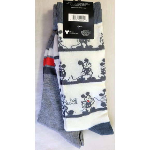 Disney Mickey Mouse Men's Crew Socks 2 Pack Large 10-13 Gray Red White Stretch - Picture 4 of 5